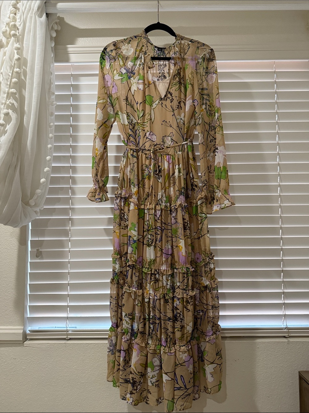 Floral Tiered Maxi Dress in Tan with Pastel Accents